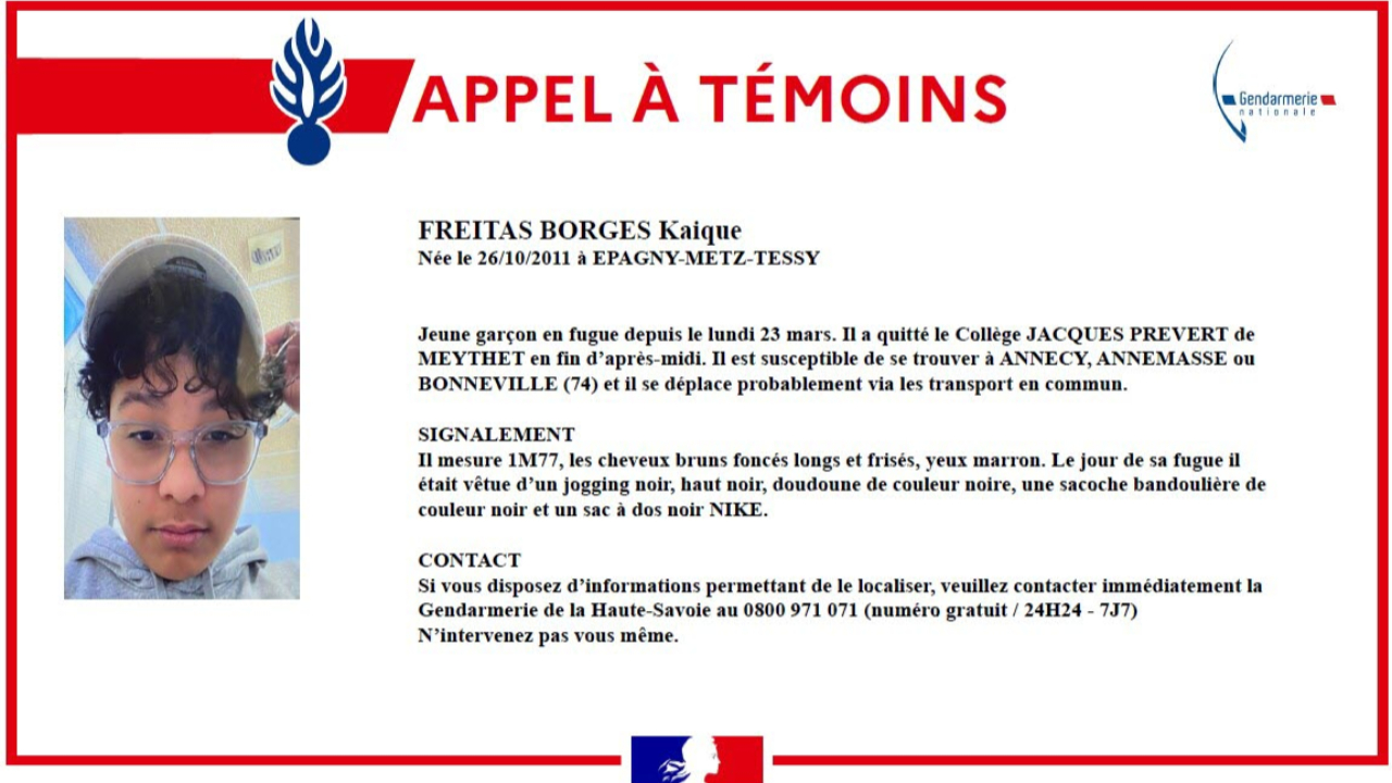 Fugue inqui&eacute;tante pr&egrave;s d&rsquo;Annecy : un appel &agrave; t&eacute;moins lanc&eacute;