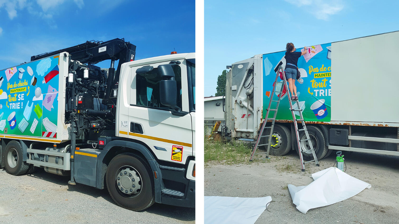Les camions de tri de la CCPEVA (Communauté de Communes Pays d'Evian -Vallée d'Abondance) renouvellent leur habillage Les camions de tri de la CCPEVA (Communauté de Communes Pays d'Evian -Vallée d'Abondance) renouvellent leur habillage